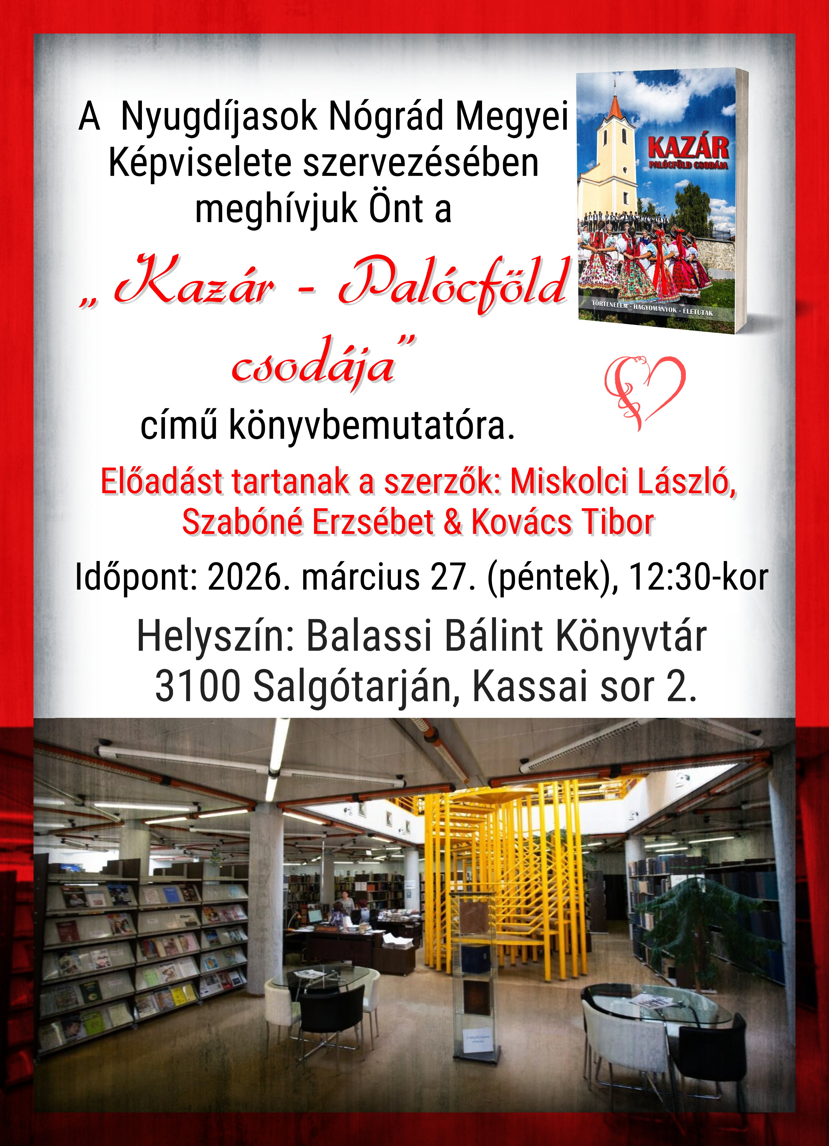 2026. március 27. – Kazár – Palócföld csodája könyvbemutató a városban